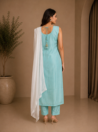 Aqua Blue Silk Embroidered Kurta Set with White Dupatta