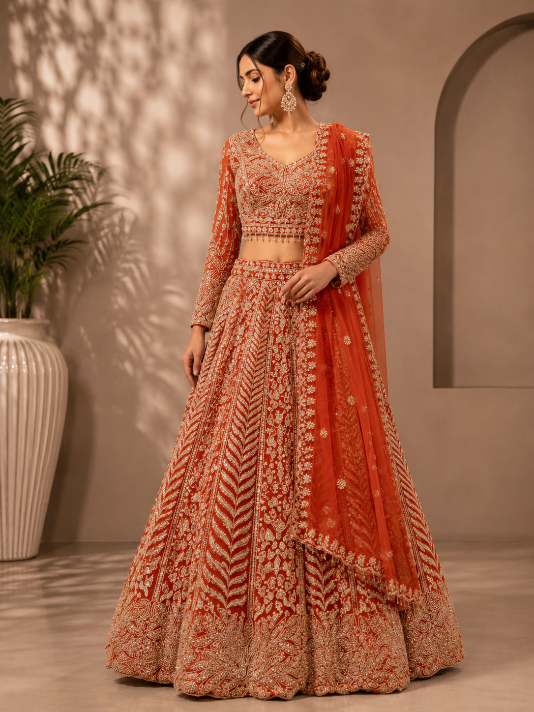 Rust Orange Heavy Embroidered Bridal Lehenga Set with Net Dupatta