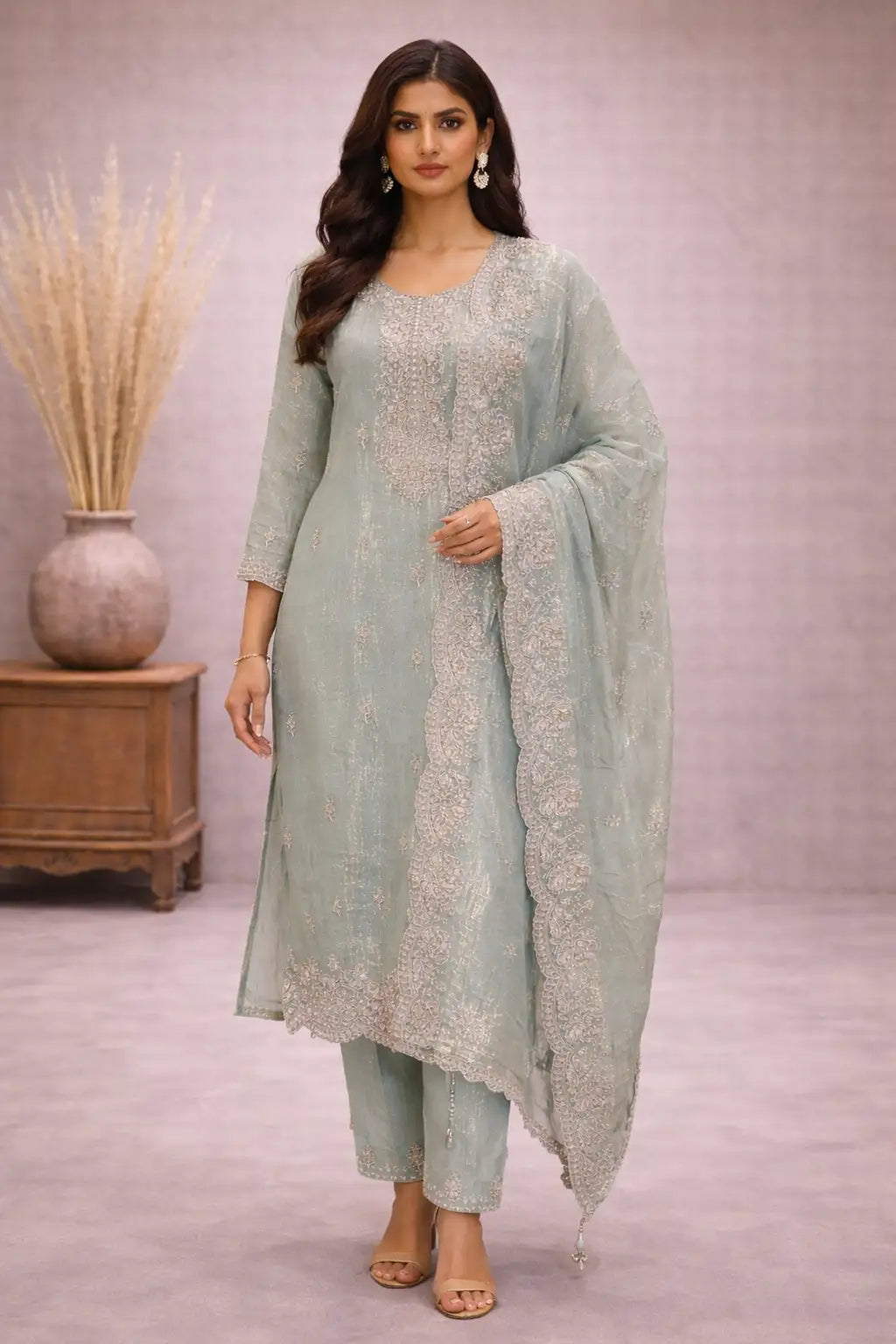 Women's Pastel Mint Green Tissue Embroidered Kurta Pant Set with Dupatta