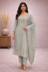 Women's Pastel Mint Green Tissue Embroidered Kurta Pant Set with Dupatta