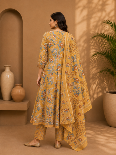 Women's Cotton Angrakha Kurta Pant Set with Dupatta & Gota Patti Work