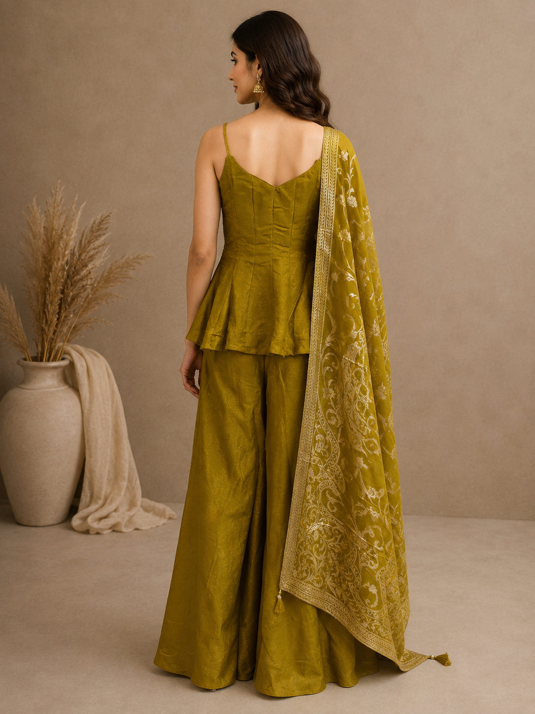 Antique Mustard Silk Peplum Palazzo Set