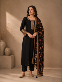 Black Vichitra Silk Embroidered Kurta Set with Floral Printed Dupatta