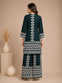 Teal Green Printed Rayon Kurta Set with Palazzo Pants