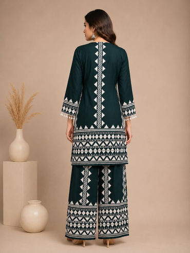 Teal Green Printed Rayon Kurta Set with Palazzo Pants