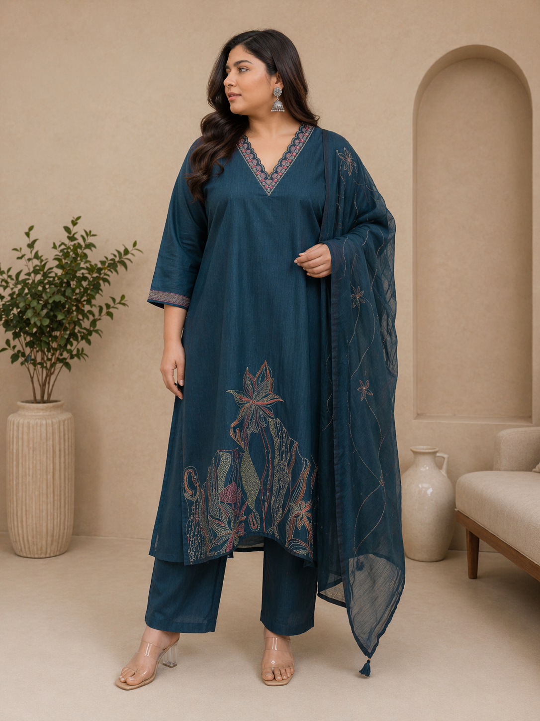 Women's Teal Blue Cotton Kurta Pant Set with Dupatta