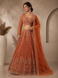 Rust Orange Bridal Embroidered Lehenga Set with Net Dupatta