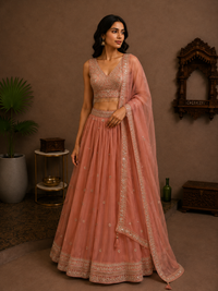 Peach Rose Tissue Silk Embroidered Lehenga Set