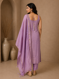 Premium Brocade Silk Floral Woven Straight Suit Set with Silk Dupatta – Lavender