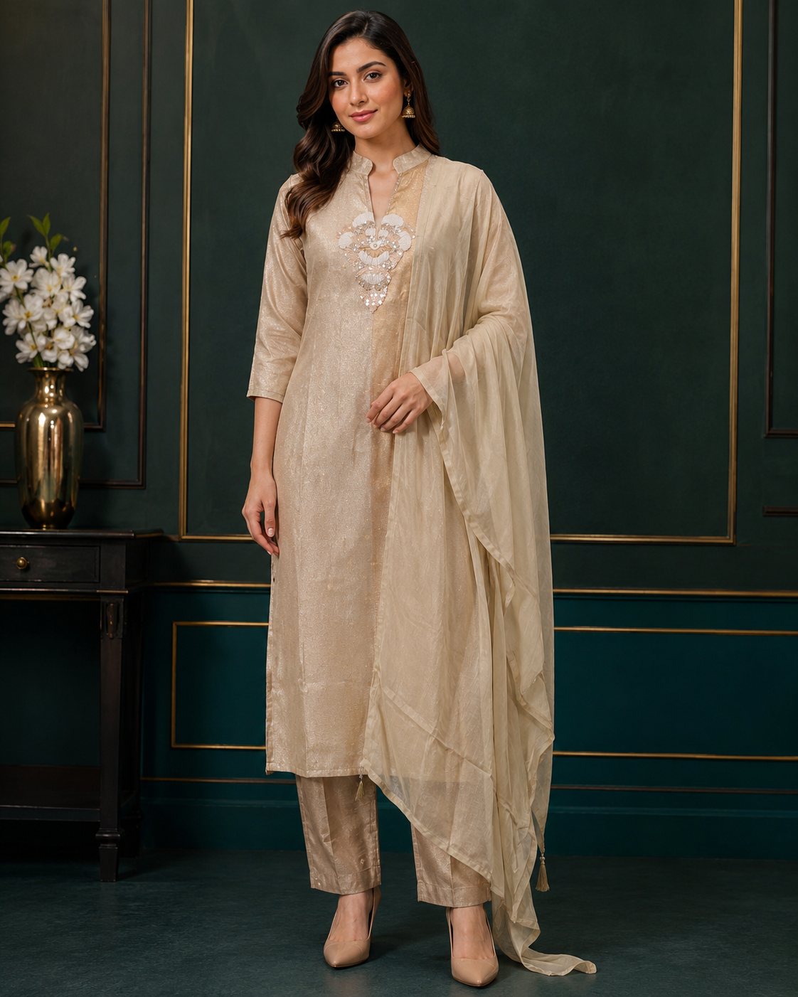 Champagne Tissue Silk Embellished Kurta Set with Dupatta