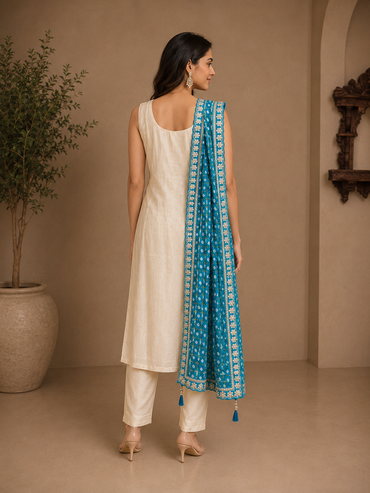 Ivory Silk Embroidered Kurta Set with Teal Designer Dupatta