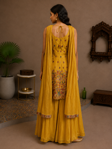 Mustard Yellow Silk Floral Peplum Palazzo Set