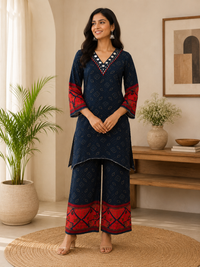 Women's Navy Blue Rayon Kurta Palazzo Set with Bead & Mirror Work