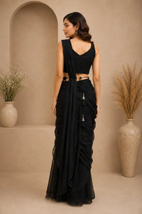 Midnight Black Designer Ruffle Saree with Embellished Blouse