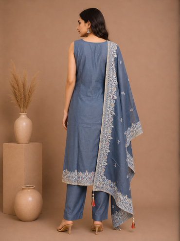 Steel Blue Floral Printed Silk Straight Kurta Set with Dupatta
