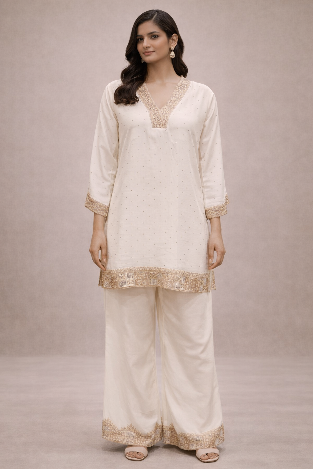 Ivory Vichitra Silk Kurta Pant Set with Embroidered Borders