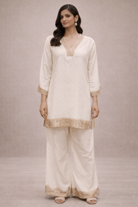 Ivory Vichitra Silk Kurta Pant Set with Embroidered Borders
