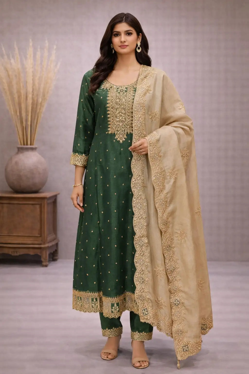 Emerald Green Embroidered Silk Kurta Set with Designer Dupatta