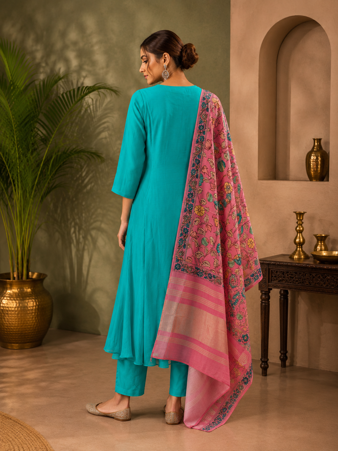 Teal Silk Straight Suit Set with Floral Printed Pink Dupatta