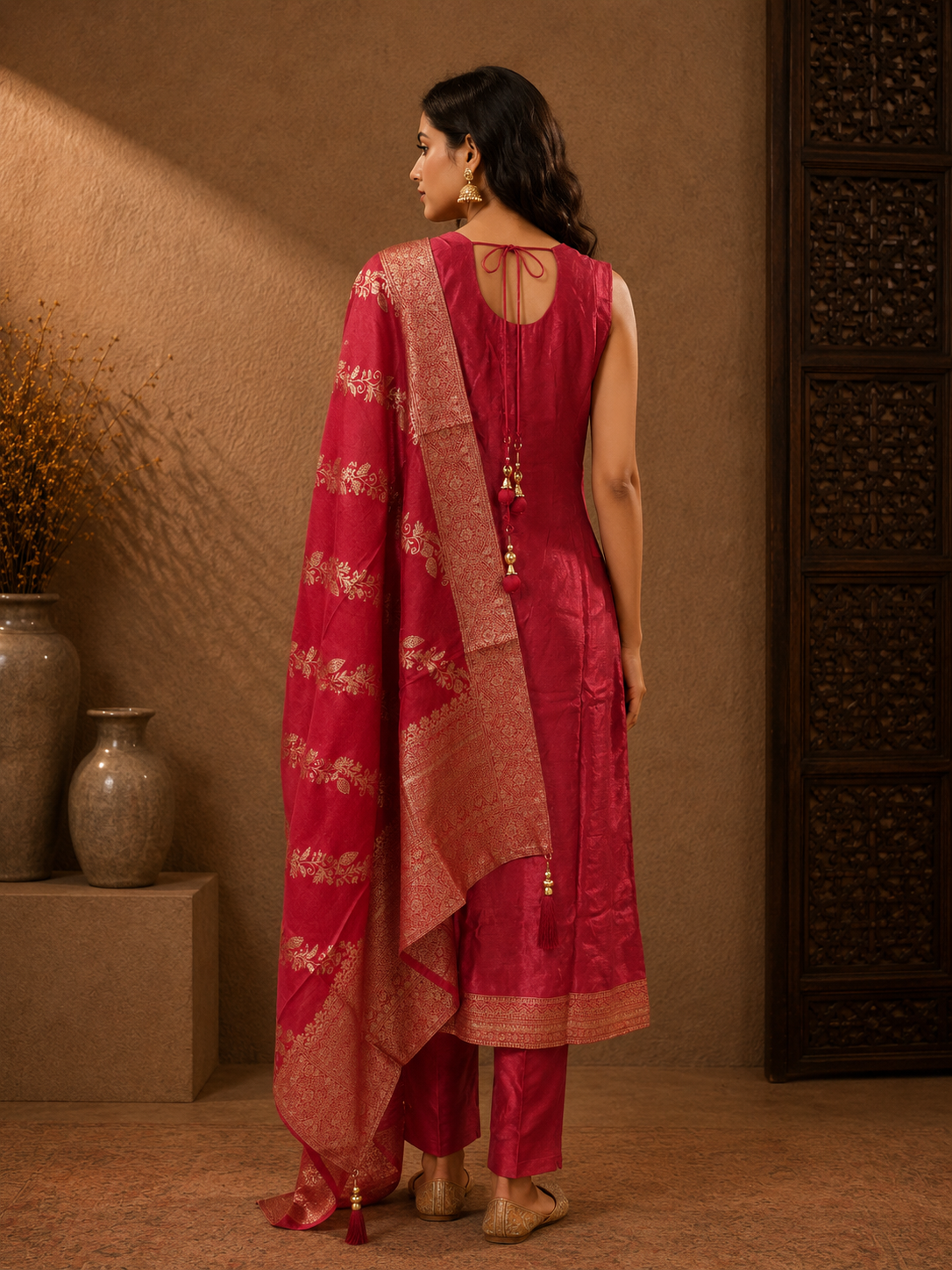 Rani Pink Banarasi Silk Woven Kurta Set with Matching Dupatta