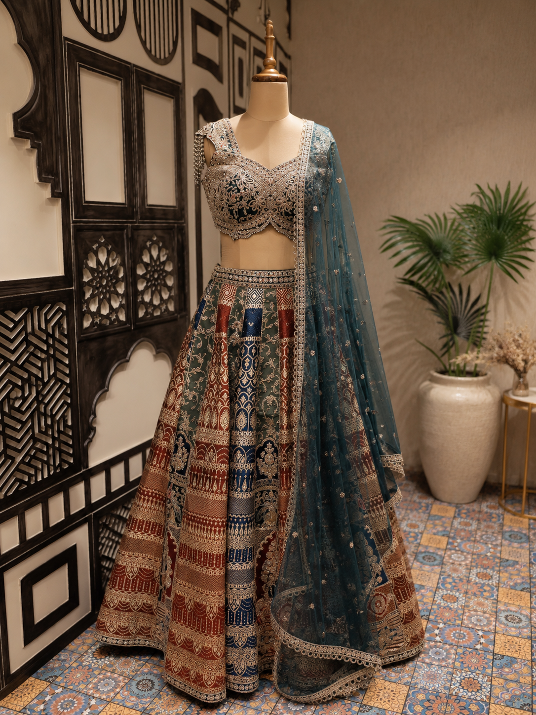 Premium Brocade Silk Bridal Lehenga Set with Embroidered Net Dupatta – Teal, Rust & Royal Blue