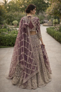 Wine Purple Embroidered Net Lehenga Set
