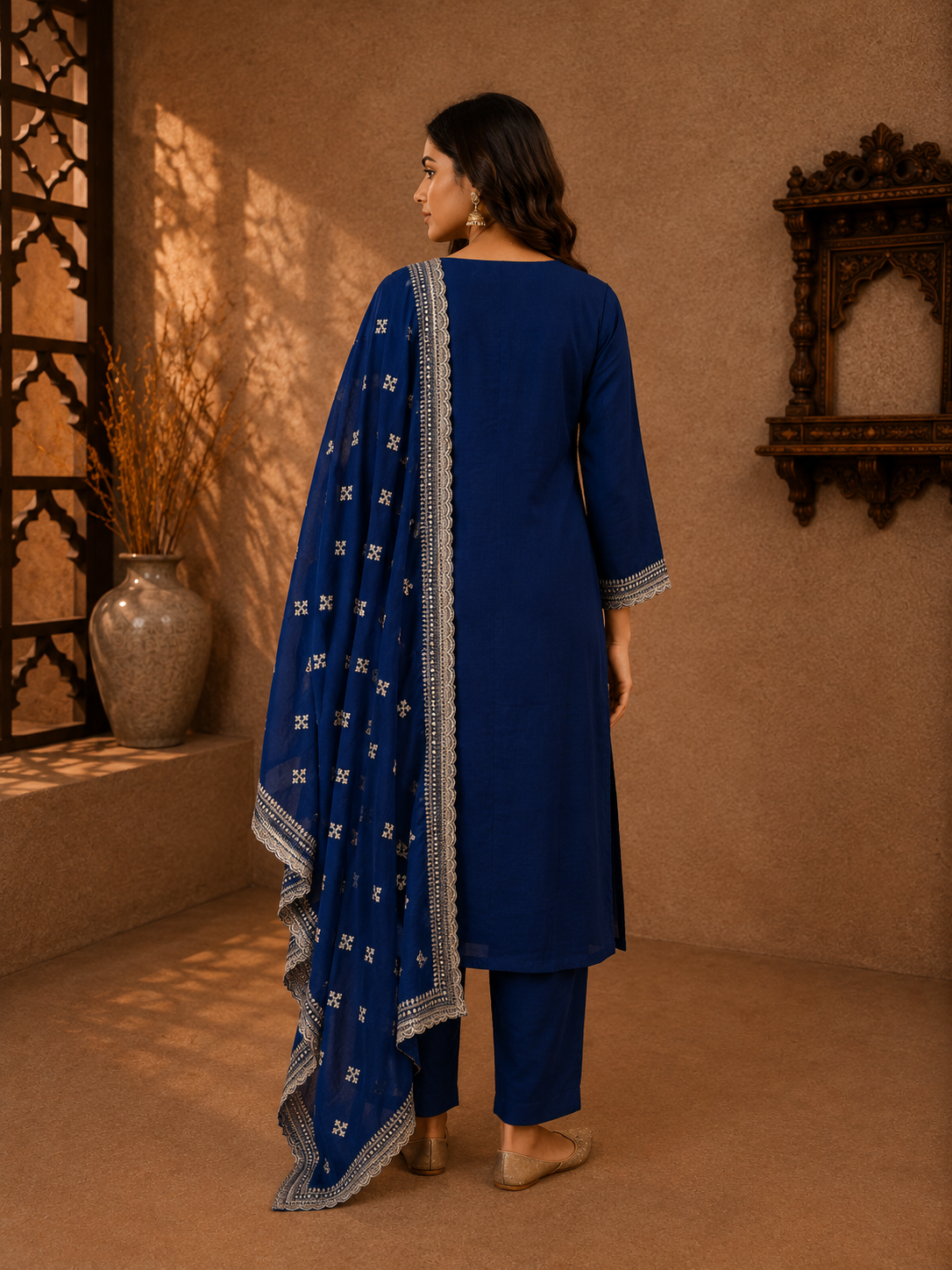 Royal Blue Vichitra Silk Embroidered Kurta Set with Matching Dupatta