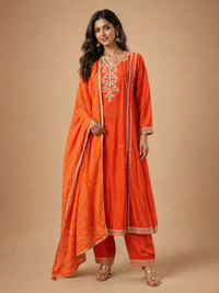 Orange Embroidered Kurta Pant Set with Dupatta | Haldi & Festive Wear