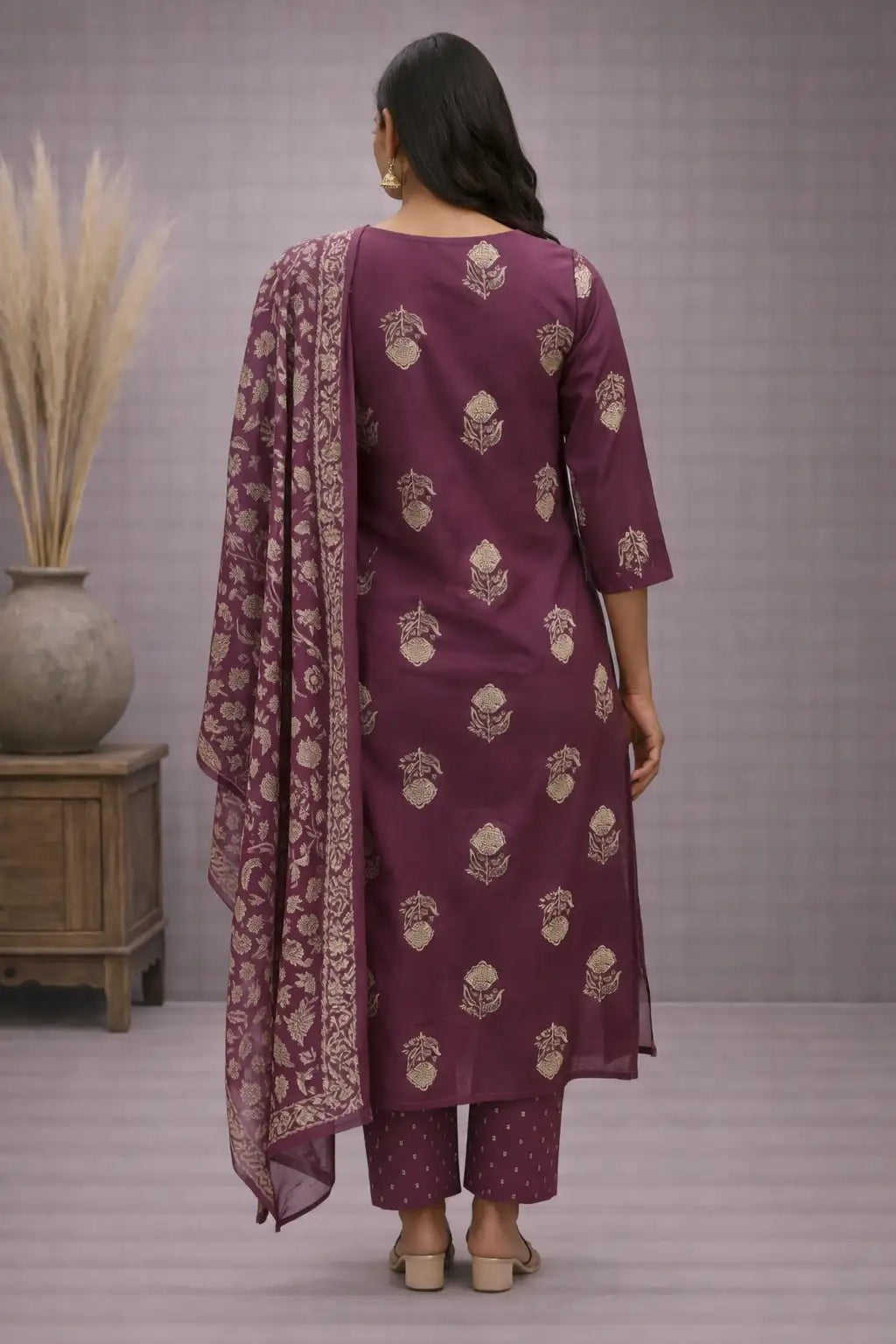 Women's Maroon Cotton Printed Kurta Pant Set with Dupatta