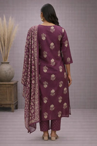 Women's Maroon Cotton Printed Kurta Pant Set with Dupatta