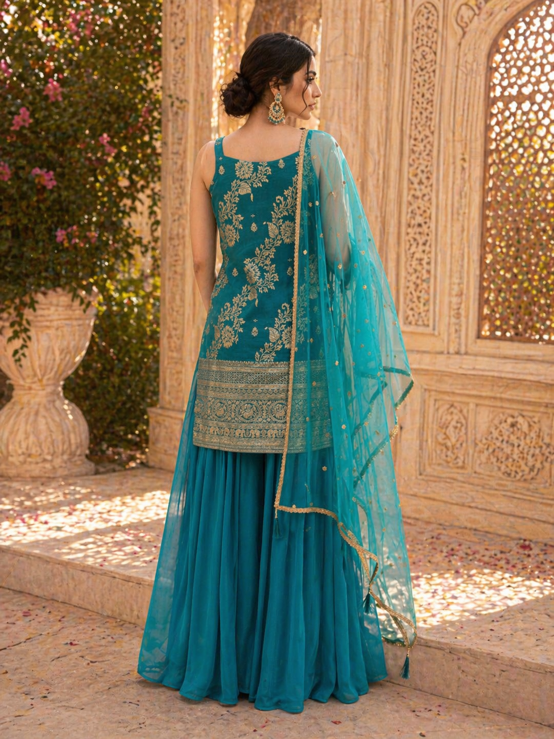 Teal Blue Tissue Silk Kurta Set with Palazzo & Dupatta | Festive & Wedding Wear