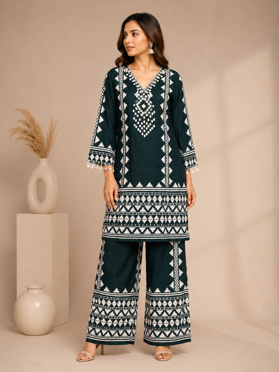 Teal Green Printed Rayon Kurta Set with Palazzo Pants