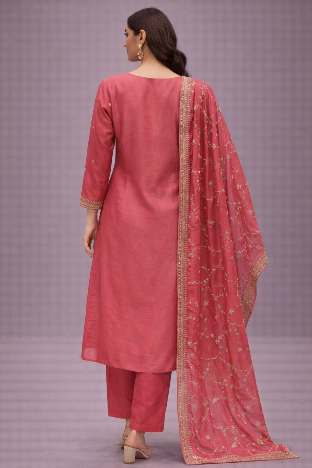 Coral Pink Silk Embroidered Kurta Pant Set with Dupatta