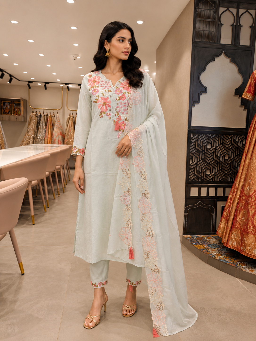 Pastel Mint Mul Chanderi Floral Embroidered Kurta Set
