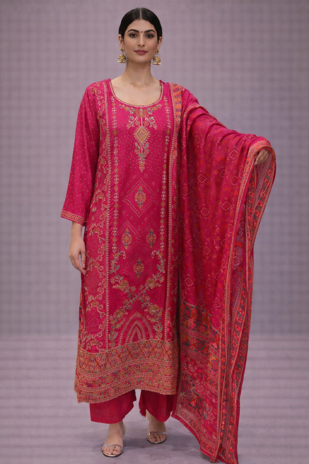 Rani Pink Silk Printed Kurta Pant Set with Dupatta