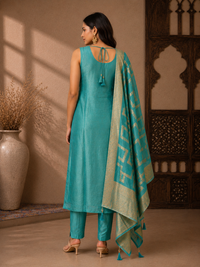 Teal Silk Embroidered Kurta Set with Woven Dupatta