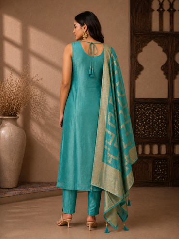 Teal Silk Embroidered Kurta Set with Woven Dupatta