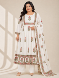 Off-White Floral Printed Cotton Anarkali Kurta Set with Dupatta (Plus Size Friendly)
