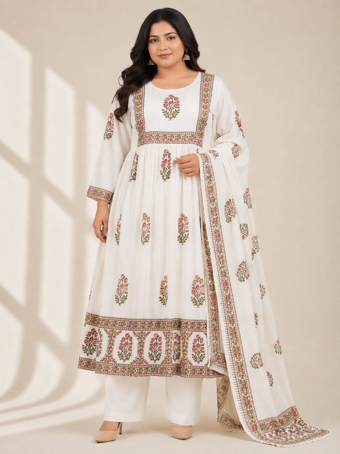 Off-White Floral Printed Cotton Anarkali Kurta Set with Dupatta (Plus Size Friendly)
