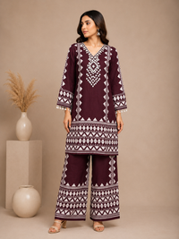 Wine Purple Printed Rayon Kurta Set with Palazzo Pants