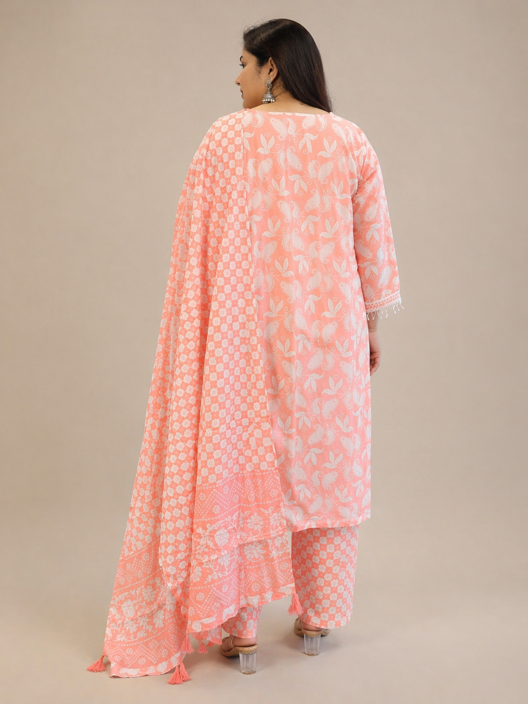 Women's Peach Printed Cotton Kurta Pant Set with Dupatta