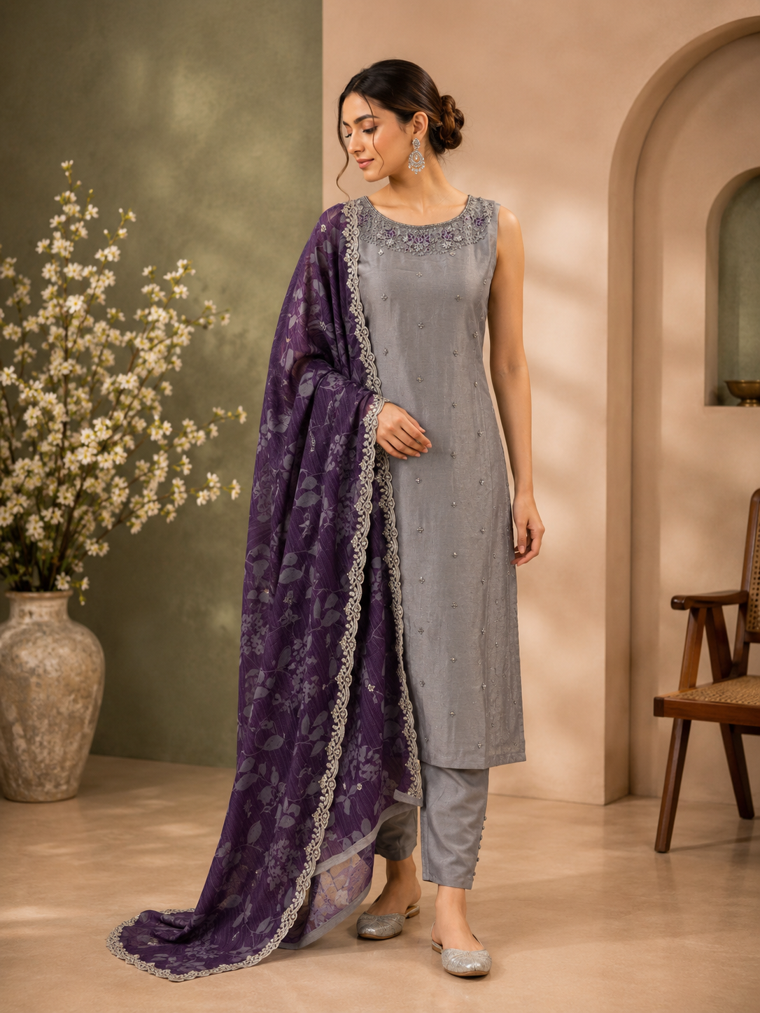 Grey Vichitra Silk Straight Suit Set with Purple Floral Printed Dupatta