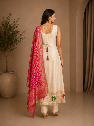 Ivory Silk Embroidered Anarkali Kurta Set with Pink Banarasi Dupatta