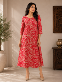 Red Muslin Silk Geometric Printed A-Line Dress for Women