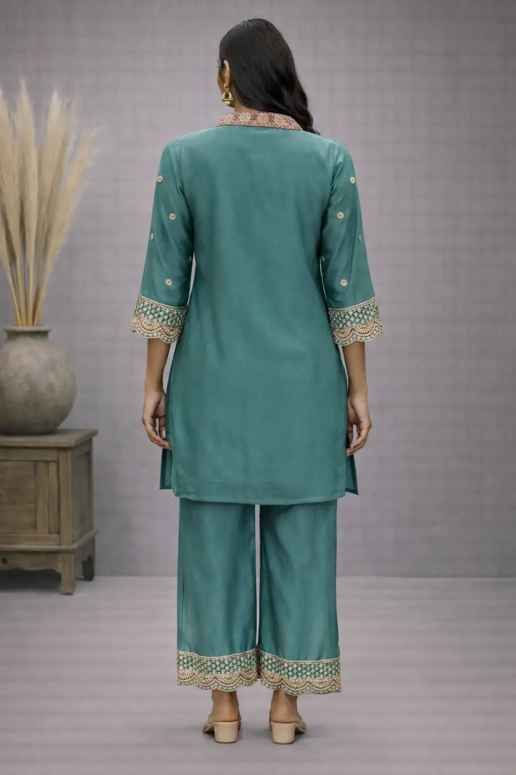 Women's Teal Green Embroidered Silk Kurta Palazzo Set