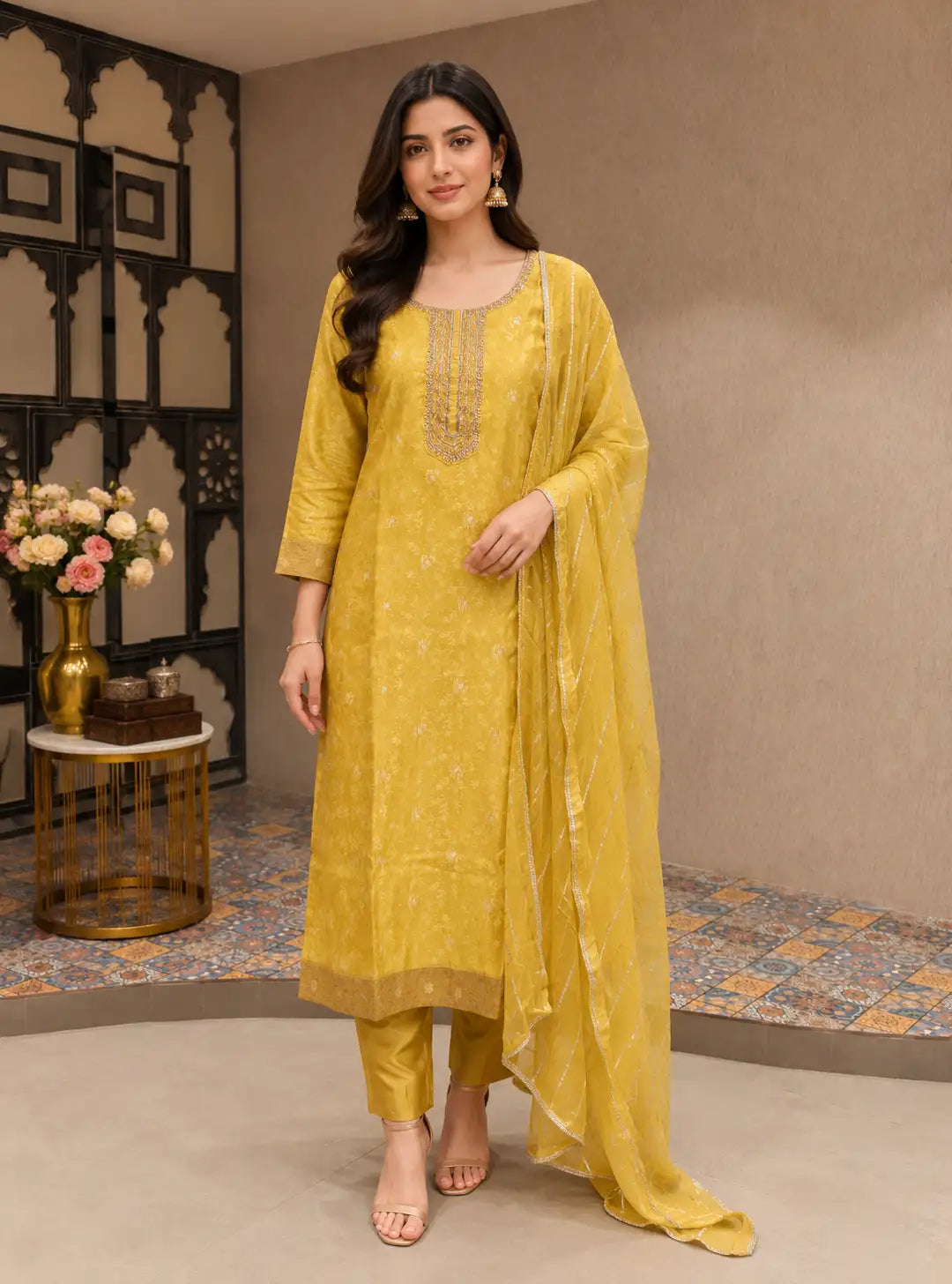 Mustard Yellow Embroidered Kurta Set