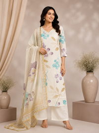 Off-White Floral Cotton linen Kurta Set with Dupatta