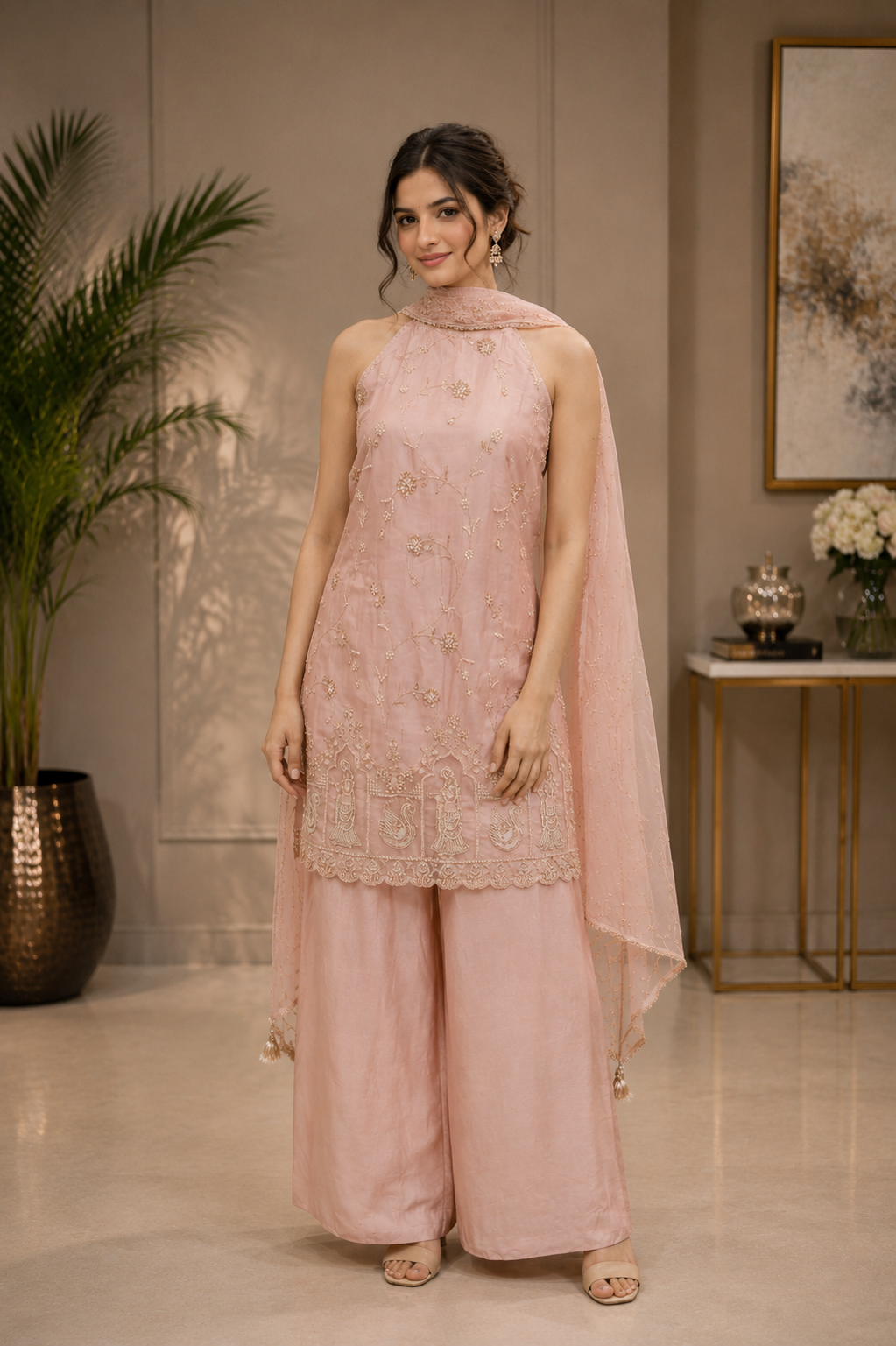 pinkish Peach Tissue Embroidered Kurta Palazzo Set with Dupatta