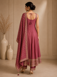 Premium Silk Anarkali Suit Set with Embroidered Organza Dupatta – Wine Purple