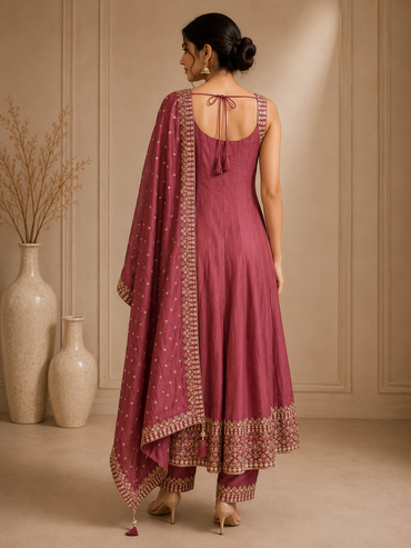 Premium Silk Anarkali Suit Set with Embroidered Organza Dupatta – Wine Purple